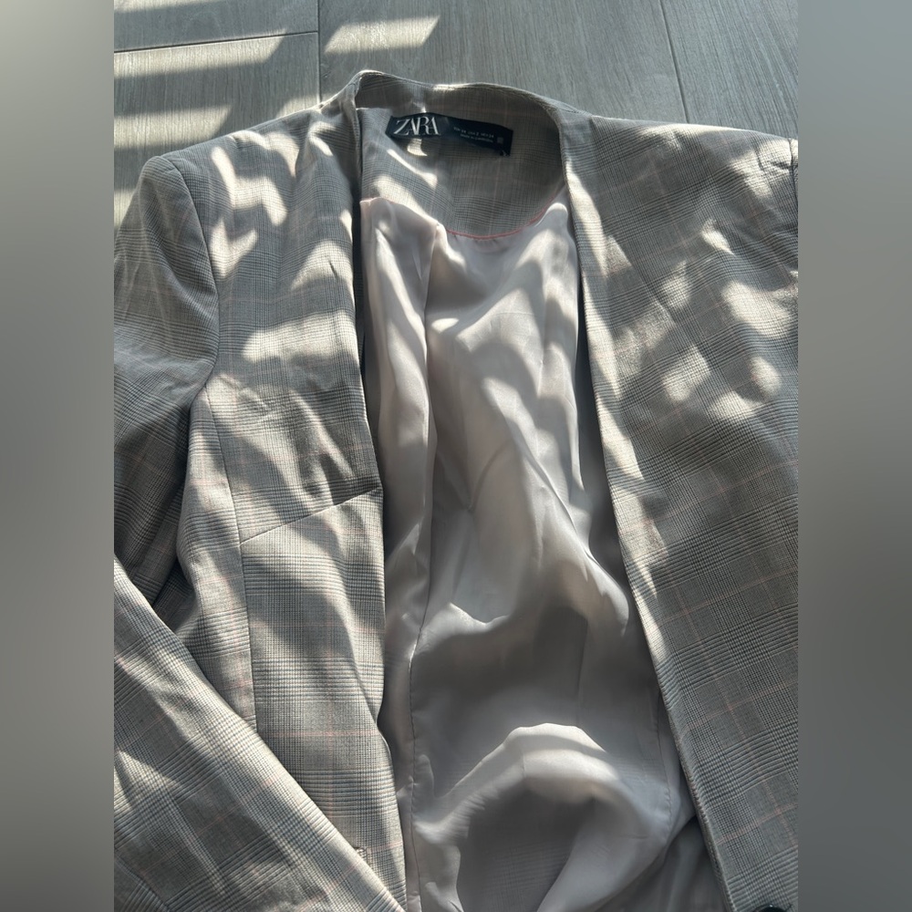 Zara Basic Brown Blazer pink beige pinstripe work - image 6